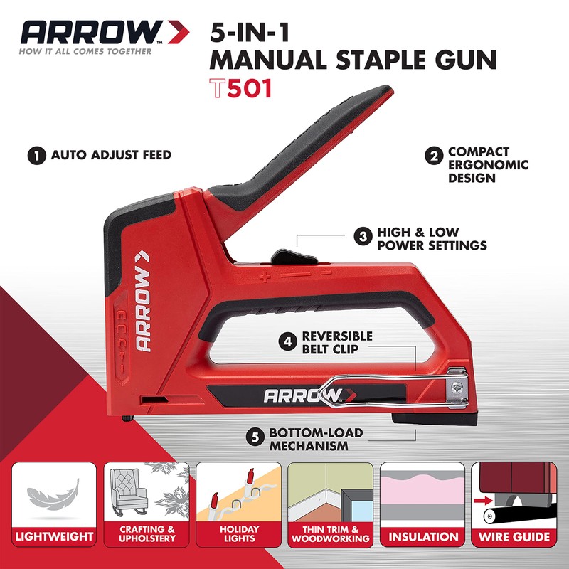 Arrow T501 5-in-1 Manual Staple and Nail Gun, Wire Stapler,