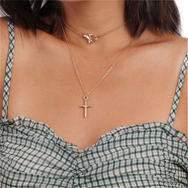 TseenYi Cross Pendant Necklace Choker Layering Cross Crucifix Necklace Gold Crucifix Pendant Necklace Boho Tiny Cross Layered Necklace Chain Jewelry for Women and Girls