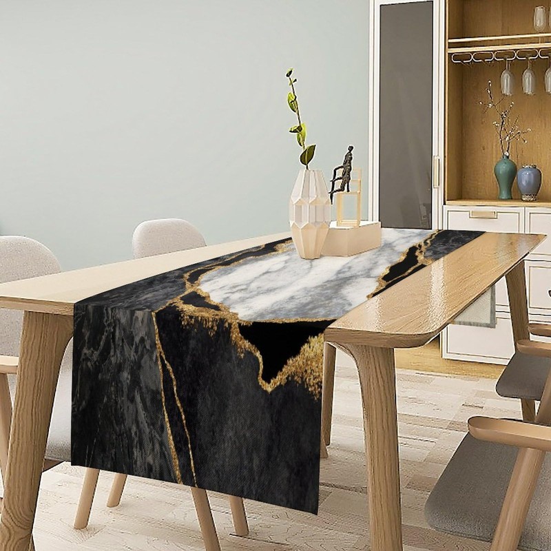 Marble Texture Table Runner Black Gold White Kitchen Dinner Runner