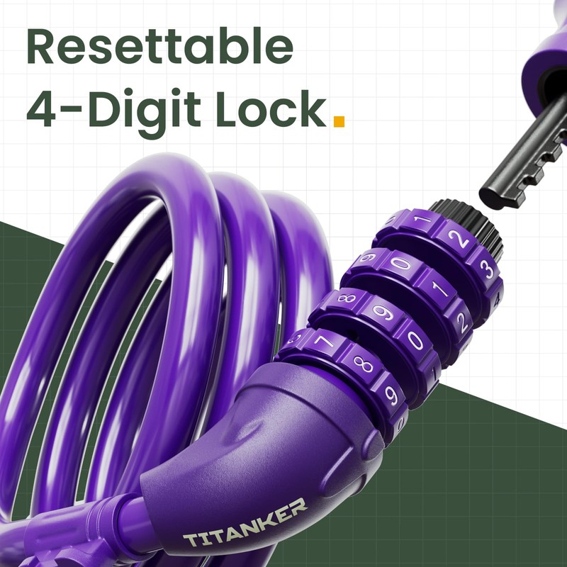 Titanker Bike Lock, 4 Feet Security Resettable Combination Coiling Bike