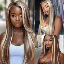 Dokksiiia Brown Ombre Blonde Straight Bundles Human Hair P4613 Highlight Piano Color Weave 3 Bundles (26/28/30 Inch) P4/613 Dark Brown and Light Blonde Mix Brazilian Human Hair Extensions