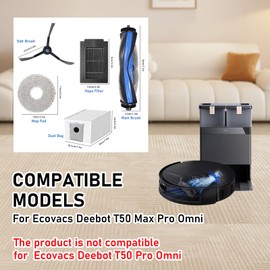 DianSung Replacement Part for Ecovacs Deebot T50 Max Pro Omni,T50 Max Omni Vacuum Cleaner,1 Roller Brush + 4 Mop Pad + 4 Dust Bag + 4 Side Brushes + 4 Filter