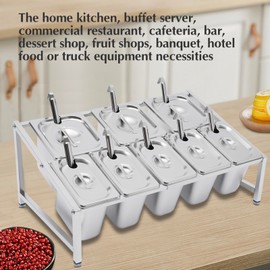 20"Pizza Topping Station with 8 Pans& Lids, Stainless Steel Food Pans Condiment Dispenser Food Container Countertop Spice Rack Organizer Holder for Seasoning Sauce Salad Jam Fruits Ingredients