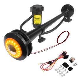 GAMPRO 12V 150DB Car Air Horns, 18 Inches Chrome Zinc Single Trumpet Truck Air Horn with Compressor for Any 12V Vehicles Trucks Lorrys Trains Boats Cars (black with lights)