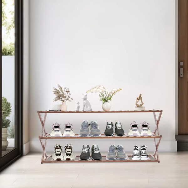 Unbranded Foldable Shoe Rack Bamboo Shoe Stand 3-Tier Tan Shoe