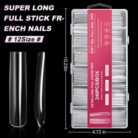 AORAEM Extra Long Square Full Cover Nail Tips 240PCS XXXL Clear Full Cover Fake Nails False Nails 12 Sizes Tapered Square Press on Fake Nail Tips for Acrylic Nails Salons Home DIY with Box