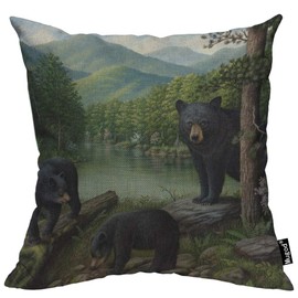 Mugod Black Bears Throw Pillow Case Wild Animal Bear River Forest Jungle Mountain Green Tree Decorative Cotton Linen Square Cushion Covers Standard Pillowcase Couch Sofa Bed Men/Women 18x18 Inch