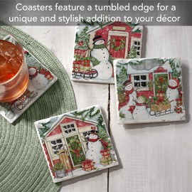 Thirstystone Snowman's Farmhouse 4-Pack Tumbled Tile Stone Coasters with Protective Cork Backing Manufactured in The USA