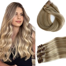 Clip in Hair Extensions Human Hair Invisible Clip in Hair Extension Real Human Hair 16 Inch 7pcs 70G Ash Blonde Balayage Blonde Highlights Hair Extensions Real Human Hair Clip in Extensions for Women