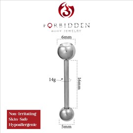 Forbidden Body Jewelry 14G 16mm (5/8 Inch) Titanium CZ Crystal Tongue Ring, 16mm, Metal, cubic-zirconia
