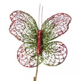 Factory Direct Craft Red and Green Glitter Butterfly Stem | for Indoor Decor