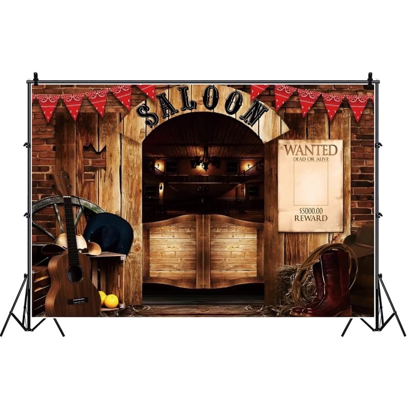GKLEASG 10x8ft Western Saloon Backdrop, Cowboy Wild West Wood Barn