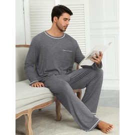 Ekouaer Mens Long Sleeve Pyjamas Checked Pjs Set Crew Neck Loungewear Casual Sleepwear Winter Nightwear Grey M