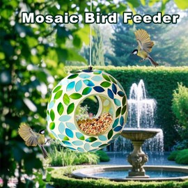 TOYUFREE Mosaic Bird Feeder, Outside Hanging with Round Shape Glass BirdFeeders to Attract More Wild Birds, Mosaic Fly Through for Garden, Yard, Backyard, Deck and Porch Decor, Green 7-Inch