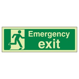 VSafety 21015AX-G Safe Condition Exit Sign, "Emergency Exit", Landscape, 1 mm Glow In The Dark Plastic, 300 mm x 100 mm, Green