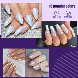 Artdone Chrome Nail Powder Magic White Pearl Kit Mirror Effect Silver Metallic Holographic Dip Nail Powder For Resin Craft & Nail Art Decoration (16 Colors Pearl And Chrome)