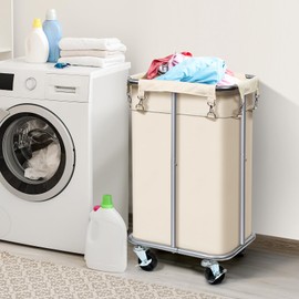 Laundry Basket with Wheels, Rolling Laundry Hamper with Removable Bag, 100L Laundry Sorter Cart, Narrow Slim Clothes Hamper Organizer with Sturdy Metal Frame, Beige