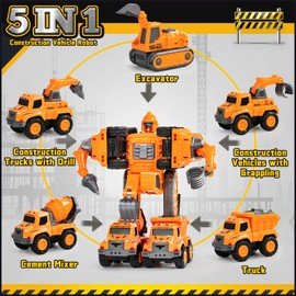 Transforming Robot Toys for 3 4 5 Year Old Boy Construction Vehicle 5 in 1 Transform Toys Action Figures Set Building STEM Car Toys for 4-6 Year Old Boy Christmas Stockings Stuffers Birthday Gifts