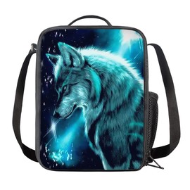 Amzbeauty Teal Galaxy Wolf Print Lunch Bag for School Kids Boys Girls Small Lunch Box Insulated Lunch Container with Adjustable & Removable Tote Bag