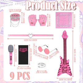 EWRGIJ Kids Rock Star Costume, Rock Star Fancy Dress Kids, 9 Pcs Ring Bracelet Becklace Headscarf Glasses Guitar Microphone Mask Glove Rock Star Fancy Dress Accessories, for Boys and Girls