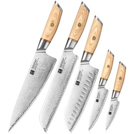 XINZUO 5-Piece Kitchen Knife Set,3 Layers Clad Steel with 10Cr15CoMoV Code High Carbon Steel Knife Set,Ultra Sharp,Professional Chef Knife Set with Gift Box, Full Tang,Pakkawood Handle