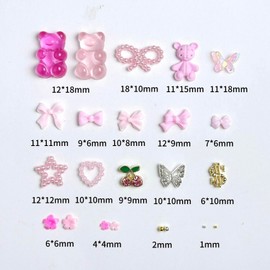 3D Pink Flower Nail Charms, Candy Bear Star Bow Nail Art Charms for Nails, Alloy Cherry Butterfly Nail Charms Y2K, White Flatback Pearl for Summe Nail Accessories DIY Craft with Pickup Tools