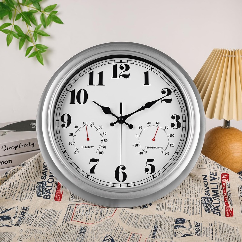 JENLYSTIME 13 Inch Outdoor Clock, Waterproof and Silent, with Thermometer