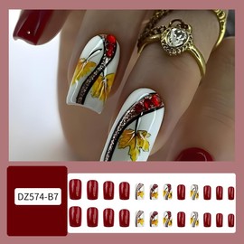 24Pcs Fall Press on Nails Medium Square - Thanksgiving Red Fake Nails White False Nails Press ons Red gems Glitter Maple Leaf Acrylic Nails Full Cover Stick on Nails for Women Nail Art Supplies