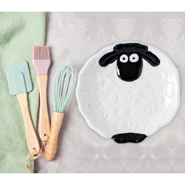 Kawaii Sheep Spoon Rest Ceramic, White Cute Animal Shape Kitchen Utensil Holder for Cooking, Secure Slot for Spoons & Ladles, Heat-Resistant Surface, Dishwasher Safe Black Home Decor Gadget
