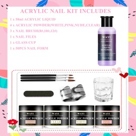 9Pcs Acrylic Nail Kit - 4Pcs Acrylic Powder ( Pink, White, Clear, Nude ) and Professional Acrylic Liquid Monomer set with Acrylic Nail Brush Nail Forms Glass Cup for Beginner kit