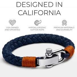 Elegatto Pelagus Premium Rope Bracelet for Men | Designed in California | High-Performance Cotton with Stainless Steel Shackle Closure | Men’s Designer Bracelets | Aegean Blue Medium (7")