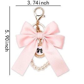 Pearl Keychain for Keys Purse with Bow Pendant Aesthetic Car Key Chain for Women Pink Ribbon Key Lanyard Wristlet Strap Bowknot Pearl Key Chains Bag Accessories Pink Bow Charm Key Ring Bracelet