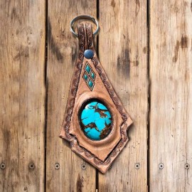Gray Wolf Collections Custom Leather Key Ring, Hand Tooled, Carved Leather, Hand Painted, Turquoise