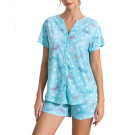 ENJOYNIGHT Womens Pajama Set Button Down Tee and Shorts Sleepwear Pjs with Pockets (XX-Large,Butterfly)