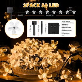 oopswow Solar Flower String Lights,2PACK 50 LED Solar Fairy Light Outdoor Waterproof,Cherry Blossoms String Lights for Fence Patio Yard Christmas Tree,Lawn,Patio,Garden Decoration(Warm White)