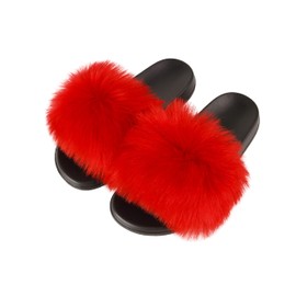 Hangrui Women's Faux Fur Slides, Open Toe Cute, Comfortable Fluffy Slippers, Red1, 9