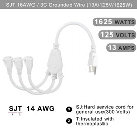 KUNCAN 3-Outlet Extension Splitter Cord - White 2-Pack Outlet Splitter 3 Prong, 1FT Power Splitter with 3 Extension Cords, 16AWG 13A/125V 1625W (NEMA 5-15P to 3*NEMA 5-15R)