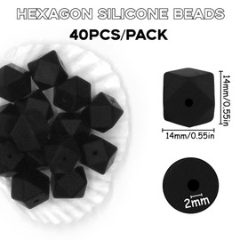 YOKUSHI 40Pcs Hexagon Silicone Beads Bulk, 14mm Black Silicone Hexagon Beads for Keychain Making Bulk Loose Beads Rubber Beads Silicone Focal Beads for Pens Necklace Bracelet (Black)