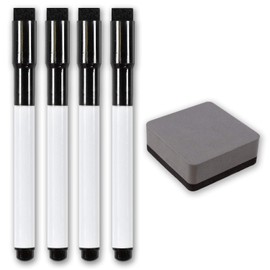 The Magnet Shop Whiteboard Markers, Magnetic Dry Erase Pens with Eraser Tip for Home, Office, with Dry Erase Food Planners (Black, 4 Pack + Eraser)