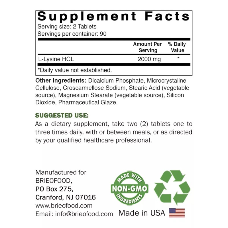 Brieofood L-lisina Max Potente Prime 2000mg Refuerzo Inmunidad 180tabs