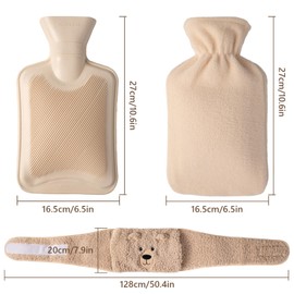 AGAKY Hot Water Bottle Belt 1 L, Hot Water Bottles Natural Rubber Leak-Proof with Lid, Removable for Cleaning, Hot Water Bottle Belt for Keeping Warm Neck, Shoulders, Back, Legs, Waist, Beige