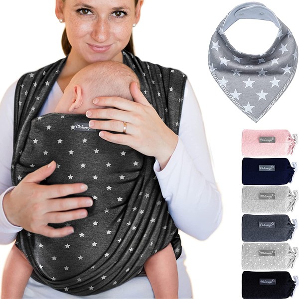Makimaja - 100% Cotton Baby Wrap Carrier - Dark Grey with Stars - Outstanding Baby Sling for Newborns and Babies Up to 15 Kg - Includes Baby Bib