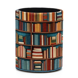 EUYJKMSXC Pencil Holder, Pencil Cup Holder for Desk, PVC Leather Pen Case Organizer, Round Pen Cup Pot, Desktop Supplies(Bookshelf Pattern)