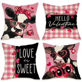 Fahrendom Hello Valentines Day Cow Heifer Decorative Throw Pillow Covers 18 x 18 Set of 4, Pink Sweet Love Heart Plaid Porch Outdoor Pillowcase, Farmhouse Anniversary Wedding Cushion Case Home Decor