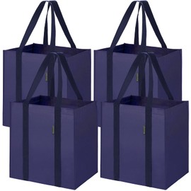 BALEINE 4 PK Grocery Bags Reusable Shopping Bags with Reinforced Bottom, Heavy Duty Foldable Tote Bags (Navy Blue)