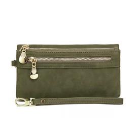 Soft Leather Long Wallet Wristlet with hand Strap Clutch Bag for Women Card holder Phone Bag (Olive Green)
