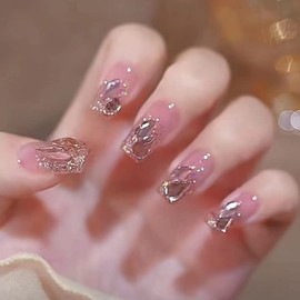 24pcs Medium Length Press on Nails Square False Nails Nude Pink Glitter Gold Fake Nails 3D Sparkly Rhinestone Stick on Nails Removable Glue-on Acrylic Nail Tips Spring Summer Accessories for Women