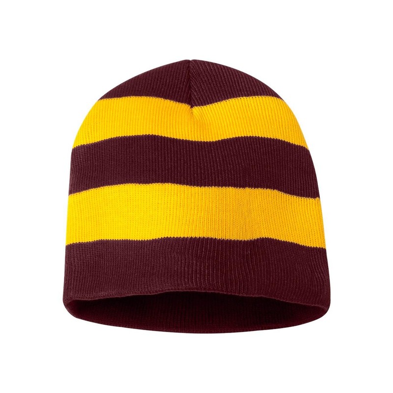 Sportsman SP01 Men's Rugby Striped Knit Beanie Maroon/Gold One Size