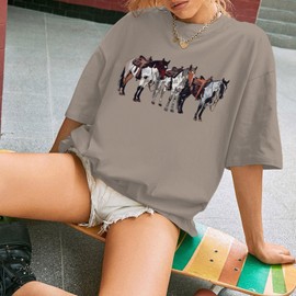 Pairxily Horse Shirt Oversized Western Rodeo Cowboy Shirts for Women Vintage Country Graphic Tees Summer Cowgirl Outfits Coffee