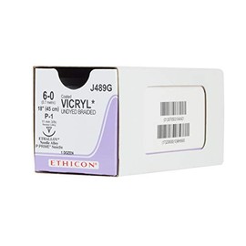 Ethicon Coated VICRYL (Polyglactin 910) Suture, J489G, Synthetic Absorbable, P-1 (11 mm), 3/8 Circle Needle, Size 6-0, 18" (45 cm)